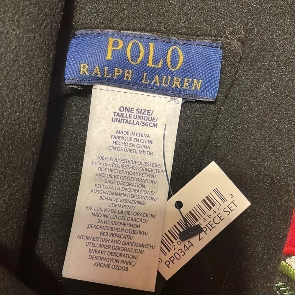 Brand New Polo Ralph Lauren Black Fleece 2-Piece Hat & Scarf Set Red Pony